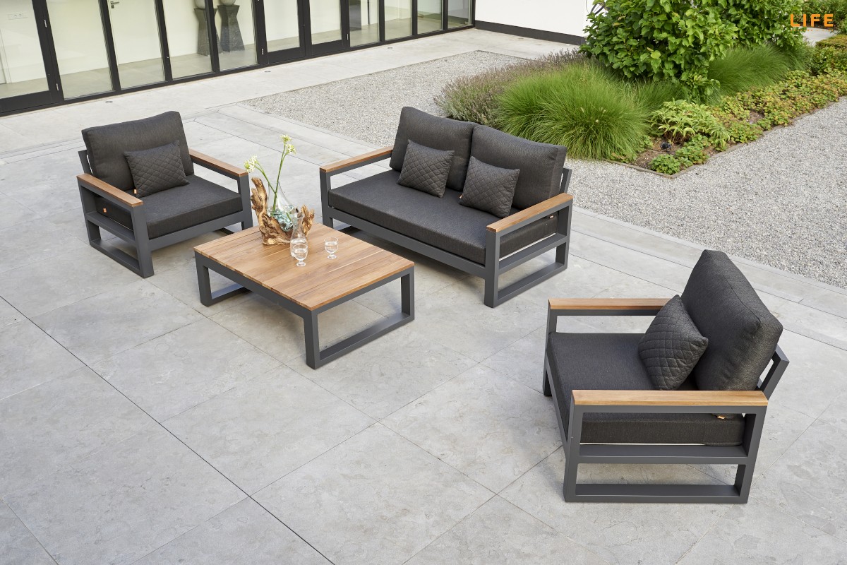 LIFE Loungesofa Set SOHO lava / Teak  inkl. All Weather Polster in Carbon